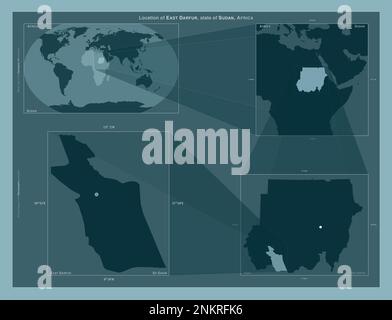 Darfour est, État du Soudan. Schéma montrant l'emplacement de la région sur des cartes à plus grande échelle. Composition de cadres vectoriels et de formes PNG sur un solide b Banque D'Images