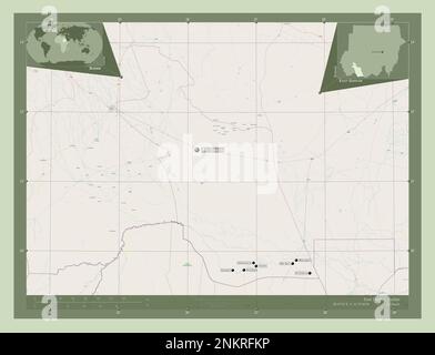 Darfour est, État du Soudan. Ouvrez la carte des rues. Lieux et noms des principales villes de la région. Cartes d'emplacement auxiliaire d'angle Banque D'Images