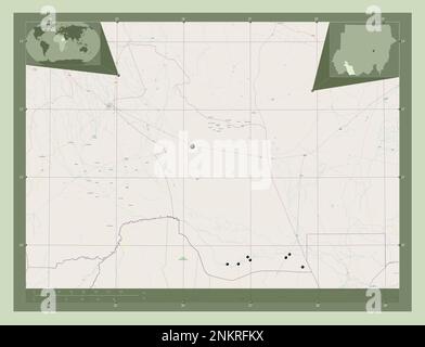 Darfour est, État du Soudan. Ouvrez la carte des rues. Lieux des principales villes de la région. Cartes d'emplacement auxiliaire d'angle Banque D'Images