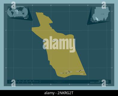 Darfour est, État du Soudan. Forme de couleur unie. Lieux et noms des principales villes de la région. Cartes d'emplacement auxiliaire d'angle Banque D'Images