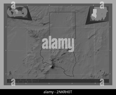 Nord Darfour, État du Soudan. Carte d'altitude à deux niveaux avec lacs et rivières. Cartes d'emplacement auxiliaire d'angle Banque D'Images