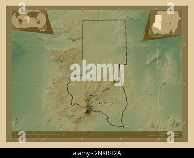 Nord Darfour, État du Soudan. Carte d'altitude en couleur avec lacs et rivières. Lieux et noms des principales villes de la région. Emplacement auxiliaire du coin Banque D'Images