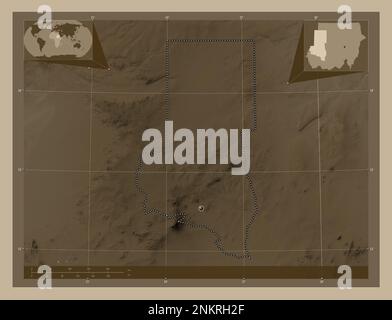 Nord Darfour, État du Soudan. Carte d'altitude colorée en tons sépia avec lacs et rivières. Cartes d'emplacement auxiliaire d'angle Banque D'Images