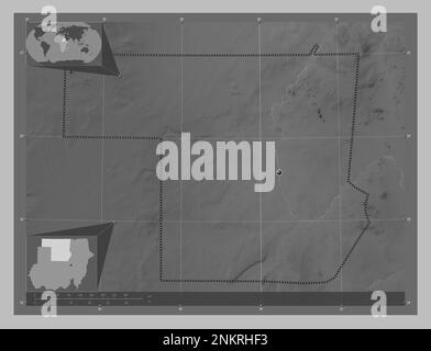 Nord, État du Soudan. Carte d'altitude en niveaux de gris avec lacs et rivières. Cartes d'emplacement auxiliaire d'angle Banque D'Images