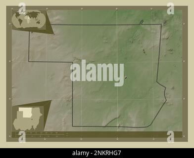 Nord, État du Soudan. Carte d'altitude colorée en style wiki avec lacs et rivières. Cartes d'emplacement auxiliaire d'angle Banque D'Images