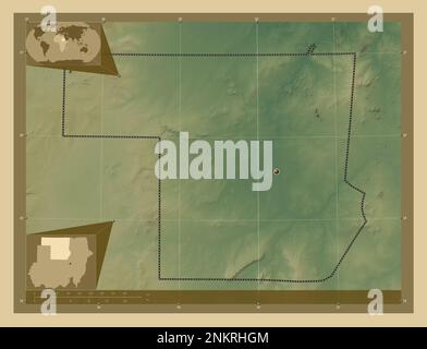 Nord, État du Soudan. Carte d'altitude en couleur avec lacs et rivières. Cartes d'emplacement auxiliaire d'angle Banque D'Images