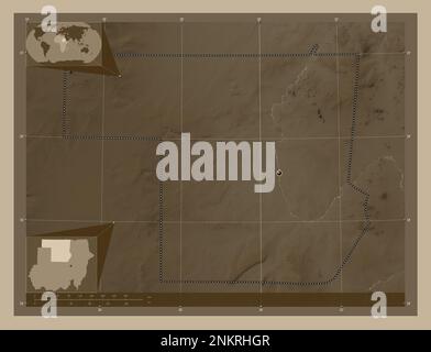 Nord, État du Soudan. Carte d'altitude colorée en tons sépia avec lacs et rivières. Cartes d'emplacement auxiliaire d'angle Banque D'Images