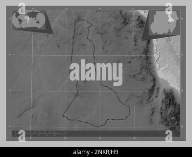 Nil, État du Soudan. Carte d'altitude en niveaux de gris avec lacs et rivières. Cartes d'emplacement auxiliaire d'angle Banque D'Images