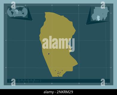 Kurdufan occidental, État du Soudan. Forme de couleur unie. Lieux des principales villes de la région. Cartes d'emplacement auxiliaire d'angle Banque D'Images