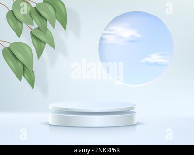 Podium des produits, ciel bleu et feuilles vertes, scène vide. Écran, socle ou plate-forme pour la présentation des produits, scène cloud en studio, stand minimal o Illustration de Vecteur