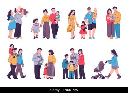 Les gens marchent ensemble. Bonne famille. Parents avec enfants. Père et mère embrassant bébé nouveau-né. Couples et enfants. Femme enceinte avec poussette. Sortie Illustration de Vecteur