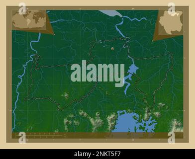 Para, district de Suriname. Carte d'altitude en couleur avec lacs et rivières. Cartes d'emplacement auxiliaire d'angle Banque D'Images