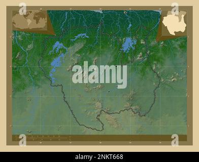 Sipaliwini, quartier du Suriname. Carte d'altitude en couleur avec lacs et rivières. Lieux des principales villes de la région. Cartes d'emplacement auxiliaire d'angle Banque D'Images