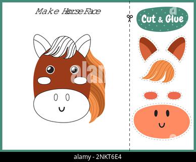 Faites un jeu amusant de tête de cheval pour les enfants. Couper et coller la page des activités éducatives Illustration de Vecteur