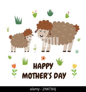 Imprimé « Happy Mmères Day » avec un joli mouton et son bébé agneau Illustration de Vecteur