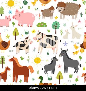 Motif de mère et de bébé animaux sans couture. Les personnages de ferme mamans avec leurs bébés Illustration de Vecteur