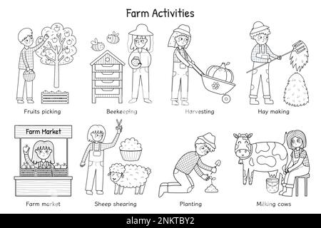 Activités de ferme ensemble noir et blanc avec de jolis petits agriculteurs. Page de coloriage Illustration de Vecteur