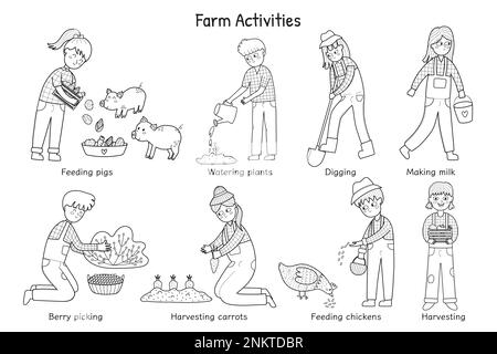 Activités agricoles en noir et blanc avec de jolis petits agriculteurs Illustration de Vecteur