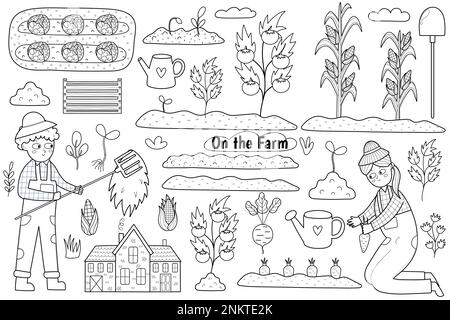 Ensemble noir et blanc avec de jolis enfants fermiers travaillant dans le jardin. Page de coloriage Illustration de Vecteur