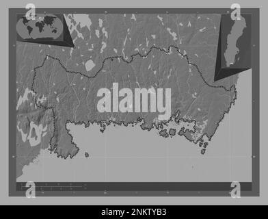 Blekinge, comté de Suède. Carte d'altitude à deux niveaux avec lacs et rivières. Cartes d'emplacement auxiliaire d'angle Banque D'Images