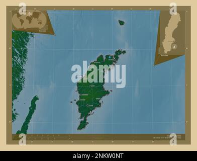 Gotland, comté de Suède. Carte d'altitude en couleur avec lacs et rivières. Lieux et noms des principales villes de la région. Emplacement auxiliaire d'angle m Banque D'Images