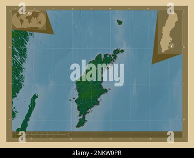 Gotland, comté de Suède. Carte d'altitude en couleur avec lacs et rivières. Cartes d'emplacement auxiliaire d'angle Banque D'Images