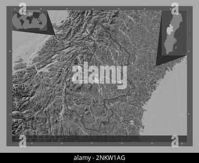 Jamtland, comté de Suède. Carte d'altitude à deux niveaux avec lacs et rivières. Cartes d'emplacement auxiliaire d'angle Banque D'Images