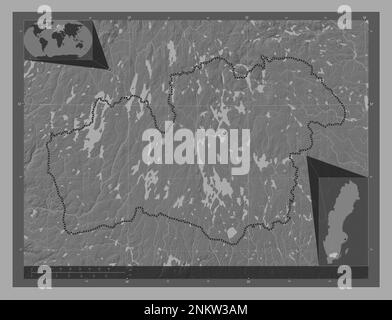 Kronoberg, comté de Suède. Carte d'altitude à deux niveaux avec lacs et rivières. Cartes d'emplacement auxiliaire d'angle Banque D'Images