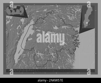 Ostergotland, comté de Suède. Carte d'altitude à deux niveaux avec lacs et rivières. Cartes d'emplacement auxiliaire d'angle Banque D'Images