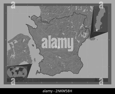 Skane, comté de Suède. Carte d'altitude à deux niveaux avec lacs et rivières. Cartes d'emplacement auxiliaire d'angle Banque D'Images