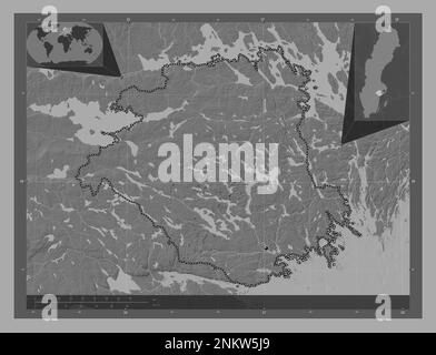 Sodermanland, comté de Suède. Carte d'altitude à deux niveaux avec lacs et rivières. Cartes d'emplacement auxiliaire d'angle Banque D'Images