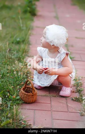 Un enfant apprenant à marcher s'assoit sur un chemin de dalles dans l'arrière-cour de la maison près d'un panier de cerises. La petite fille attend son soutien dans ORD Banque D'Images