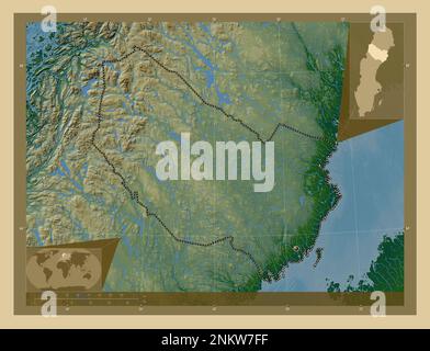 Vasterbotten, comté de Suède. Carte d'altitude en couleur avec lacs et rivières. Cartes d'emplacement auxiliaire d'angle Banque D'Images