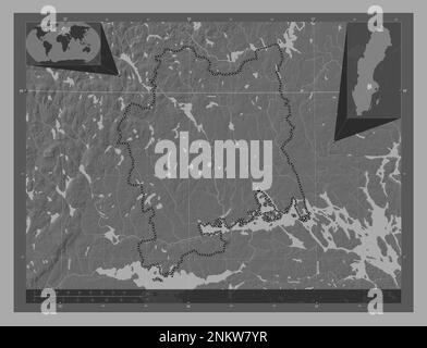 Vastmanland, comté de Suède. Carte d'altitude à deux niveaux avec lacs et rivières. Cartes d'emplacement auxiliaire d'angle Banque D'Images