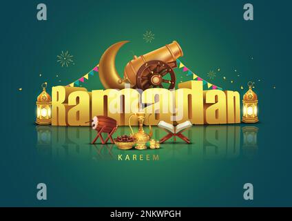 EID Mubarak et Ramadan Kareem salutations. golden 3D lettre et Ramadan props arrière-plan .abdtract vecteur illustration design Illustration de Vecteur