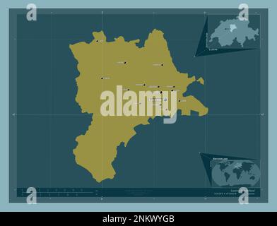 Lucerne, canton de Suisse. Forme de couleur unie. Lieux et noms des principales villes de la région. Cartes d'emplacement auxiliaire d'angle Banque D'Images