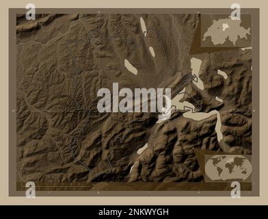 Lucerne, canton de Suisse. Carte d'altitude colorée en tons sépia avec lacs et rivières. Cartes d'emplacement auxiliaire d'angle Banque D'Images