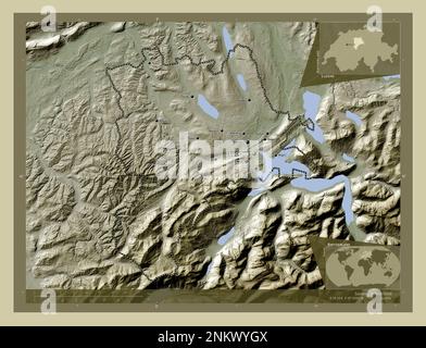 Lucerne, canton de Suisse. Carte d'altitude colorée en style wiki avec lacs et rivières. Lieux et noms des principales villes de la région. Angle au Banque D'Images