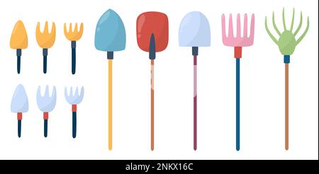 Ensemble d'outils de jardinage de style dessin animé avec râteau, pelle et autres éléments isolés Illustration de Vecteur