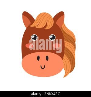 Tête de cheval mignonne de style dessin animé. Visage de caractère agricole pour bébé et enfant Illustration de Vecteur