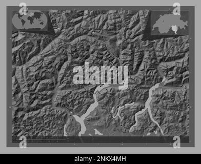 Tessin, canton de Suisse. Carte d'altitude à deux niveaux avec lacs et rivières. Lieux des principales villes de la région. Cartes d'emplacement auxiliaire d'angle Banque D'Images