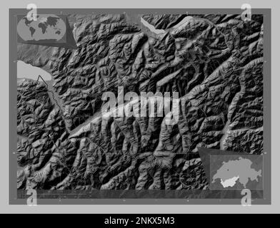 Valais, canton de Suisse. Carte d'altitude en niveaux de gris avec lacs et rivières. Cartes d'emplacement auxiliaire d'angle Banque D'Images