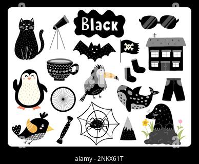 Ensemble d'objets de couleur noire. Flashcard couleurs primaires avec éléments noirs Illustration de Vecteur