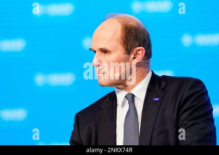 Ludwigshafen, Allemagne. 24th févr. 2023. Martin Brudermüller, Président du Conseil d'Administration de BASF se, assiste à la Conférence de presse annuelle au siège du Groupe. Credit: Uwe Anspach/dpa/Alamy Live News Banque D'Images