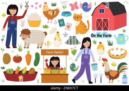 Sur la ferme avec les animaux mignons et les petits agriculteurs. Campagne éléments de vie Illustration de Vecteur