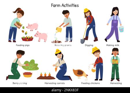 Activités de la ferme avec de jolis petits agriculteurs. Personnages mignons qui font du jardinage et du travail agricole Illustration de Vecteur