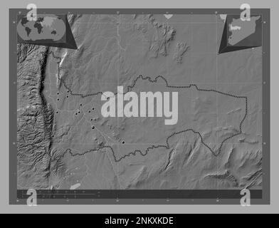 Hamah, province de Syrie. Carte d'altitude à deux niveaux avec lacs et rivières. Lieux des principales villes de la région. Cartes d'emplacement auxiliaire d'angle Banque D'Images