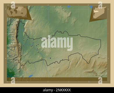 Hamah, province de Syrie. Carte d'altitude en couleur avec lacs et rivières. Lieux des principales villes de la région. Cartes d'emplacement auxiliaire d'angle Banque D'Images