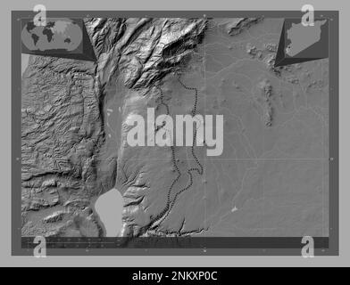 Quneitra, province de Syrie. Carte d'altitude à deux niveaux avec lacs et rivières. Cartes d'emplacement auxiliaire d'angle Banque D'Images