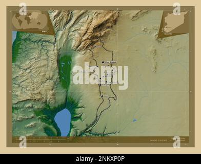 Quneitra, province de Syrie. Carte d'altitude en couleur avec lacs et rivières. Lieux et noms des principales villes de la région. Emplacement auxiliaire du coin Banque D'Images